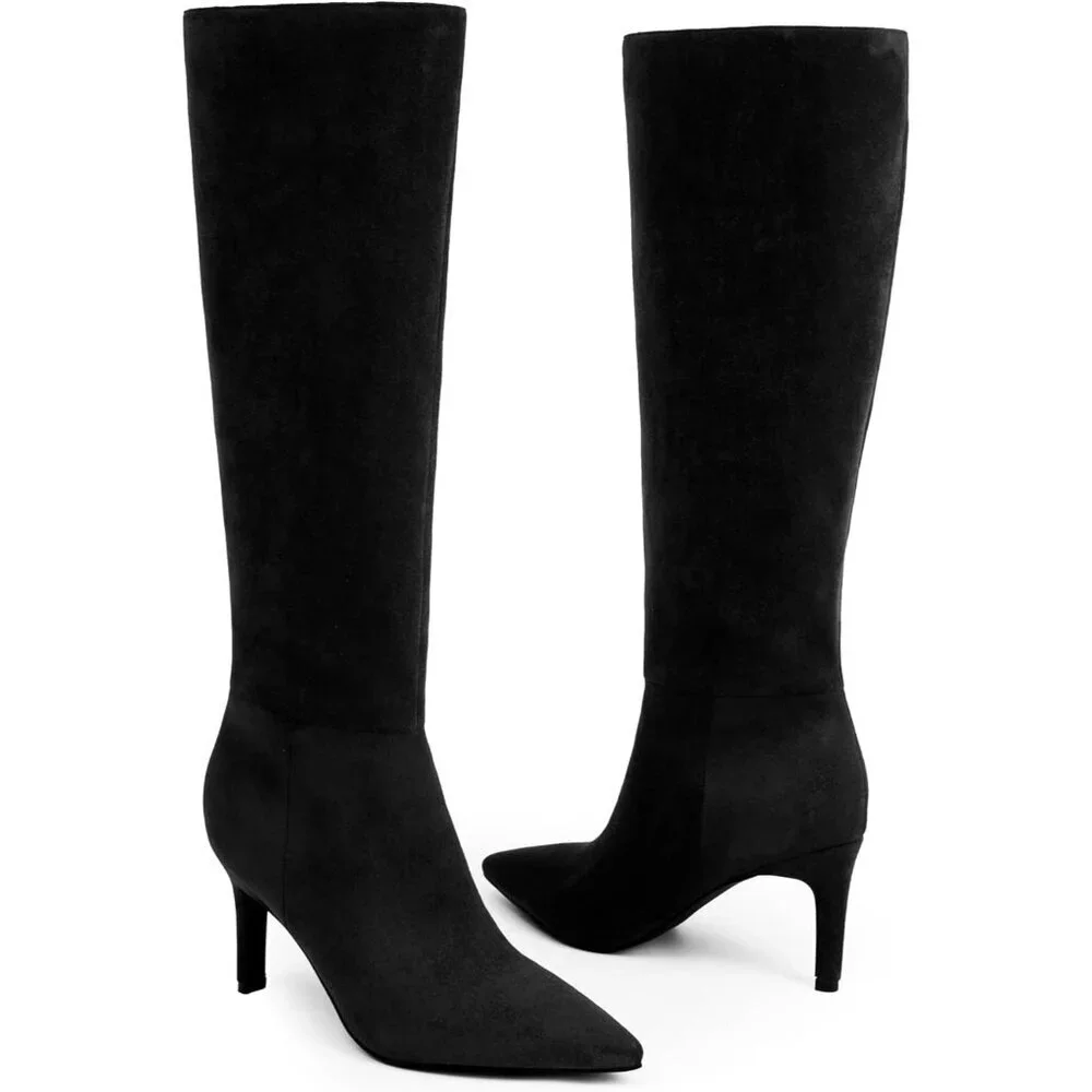 Women Black Suede Faux Leather Pointed Toe Tall Stiletto Heel Zipper Dress Boot